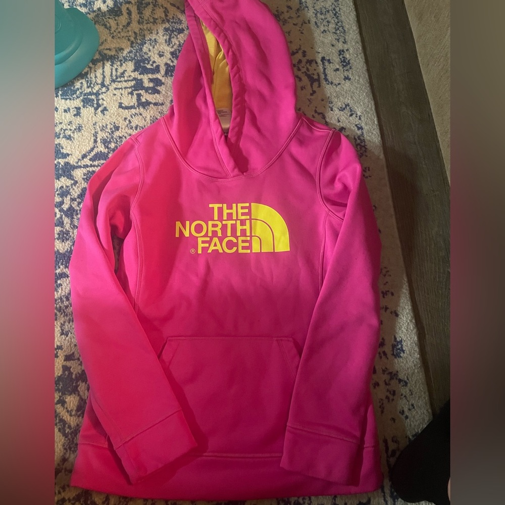 Pink and yellow north face hoodie